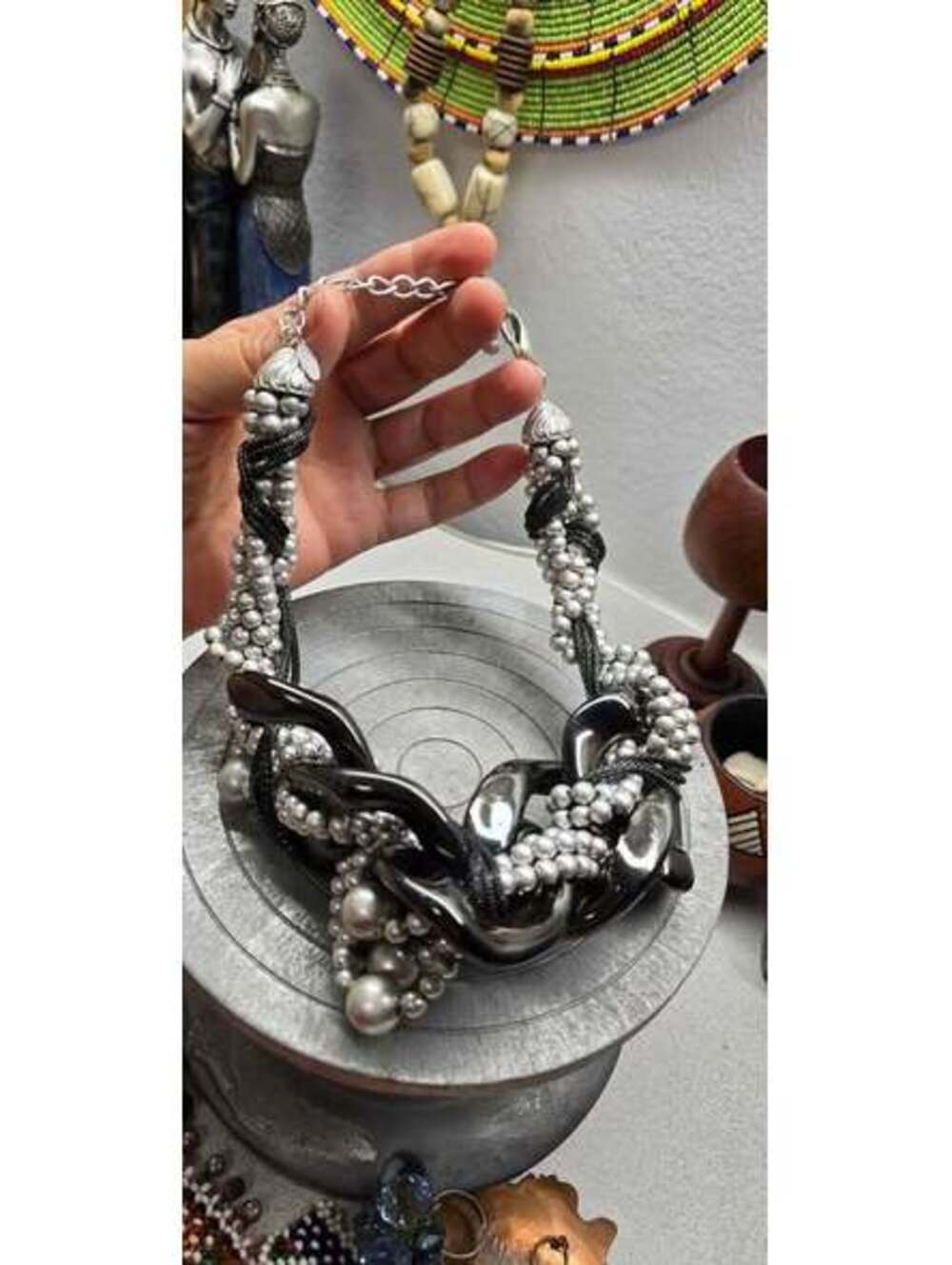 Chunky Statement Necklace Black Silver Beads Mesh Braided Choker